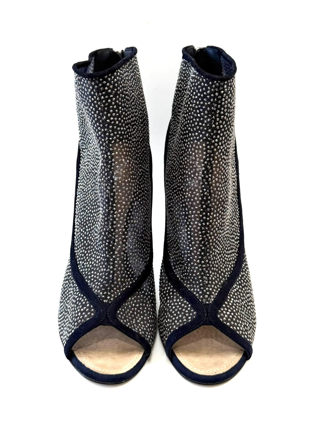CHANEL MESH CRYSTAL SUEDE PEEP TOE LUCITE HEEL BOOTIES