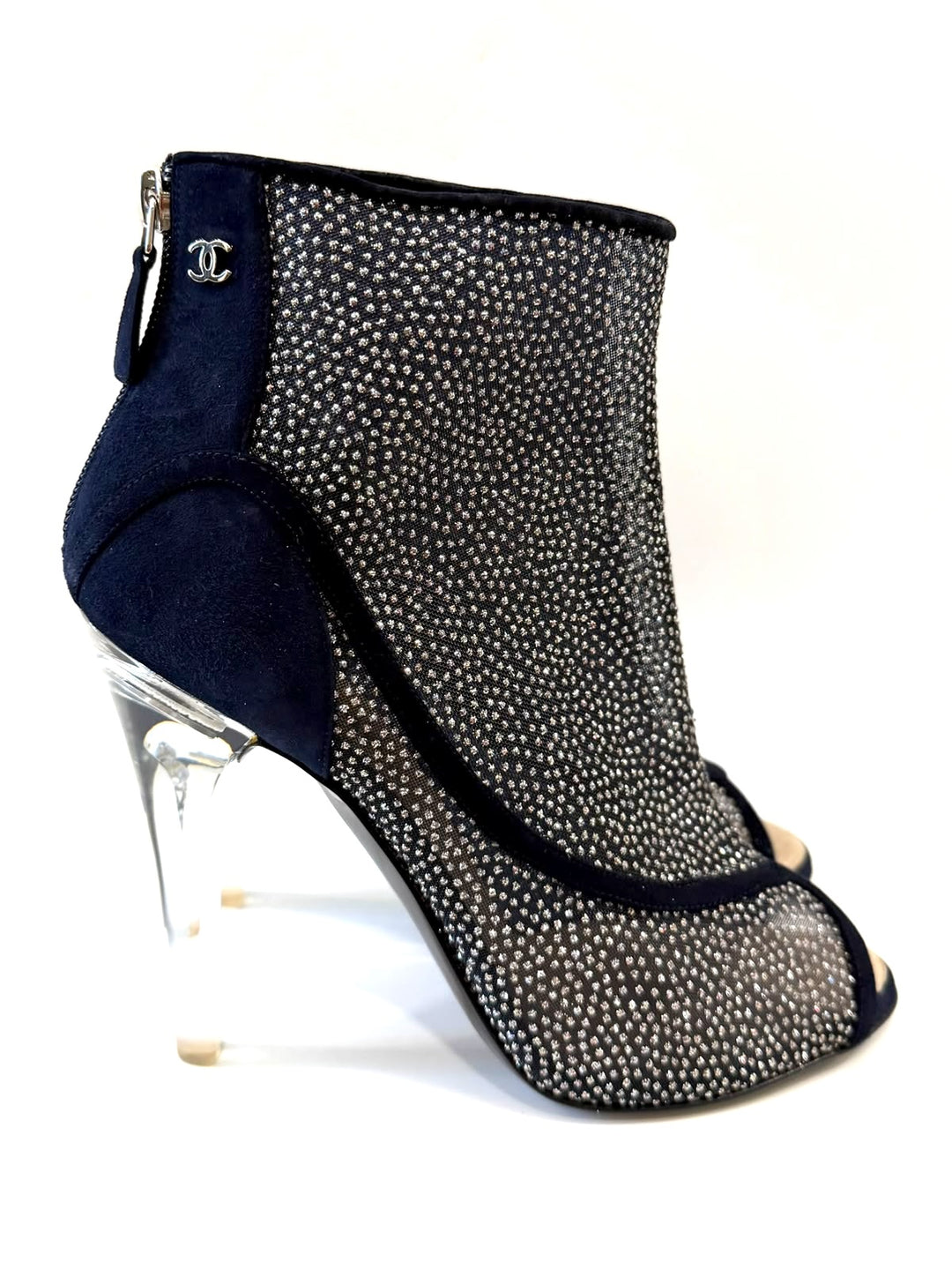 CHANEL MESH CRYSTAL SUEDE PEEP TOE LUCITE HEEL BOOTIES