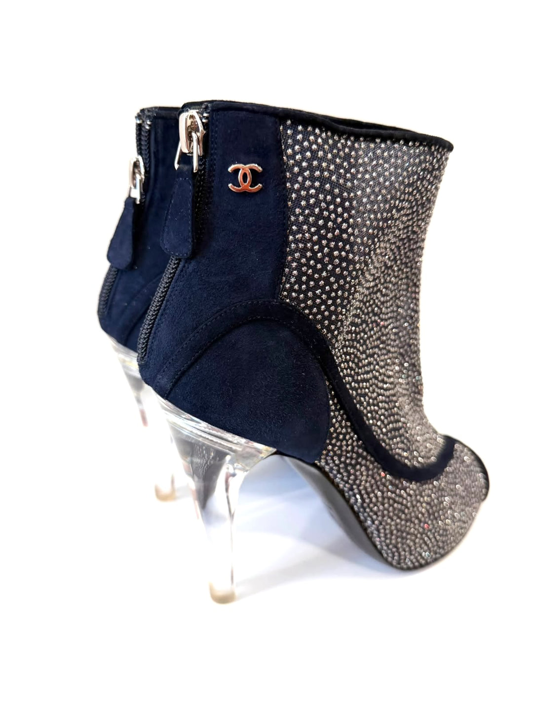 CHANEL MESH CRYSTAL SUEDE PEEP TOE LUCITE HEEL BOOTIES
