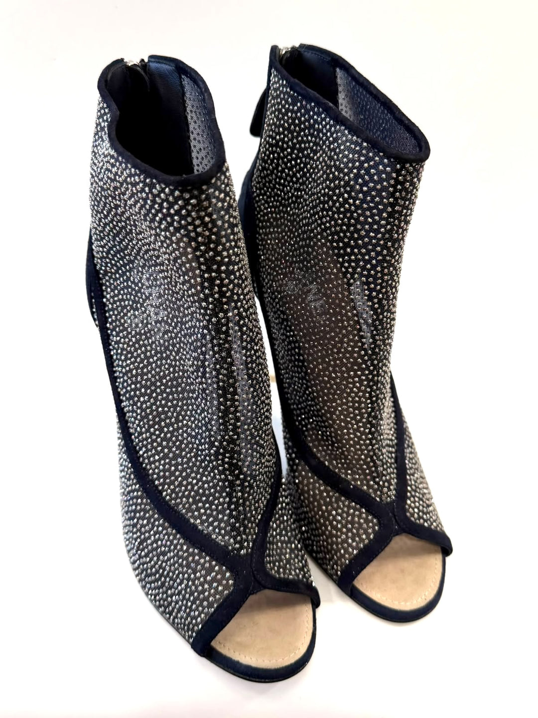 CHANEL MESH CRYSTAL SUEDE PEEP TOE LUCITE HEEL BOOTIES