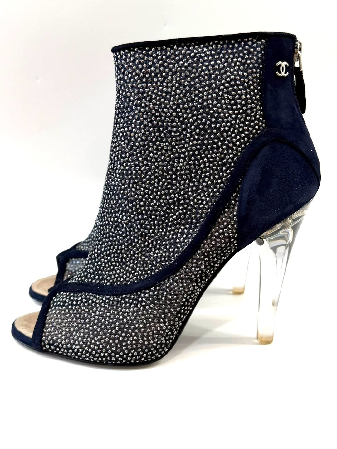 CHANEL MESH CRYSTAL SUEDE PEEP TOE LUCITE HEEL BOOTIES