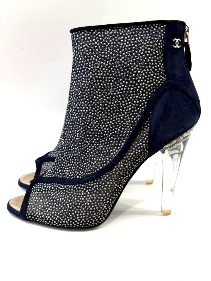 CHANEL MESH CRYSTAL SUEDE PEEP TOE LUCITE HEEL BOOTIES