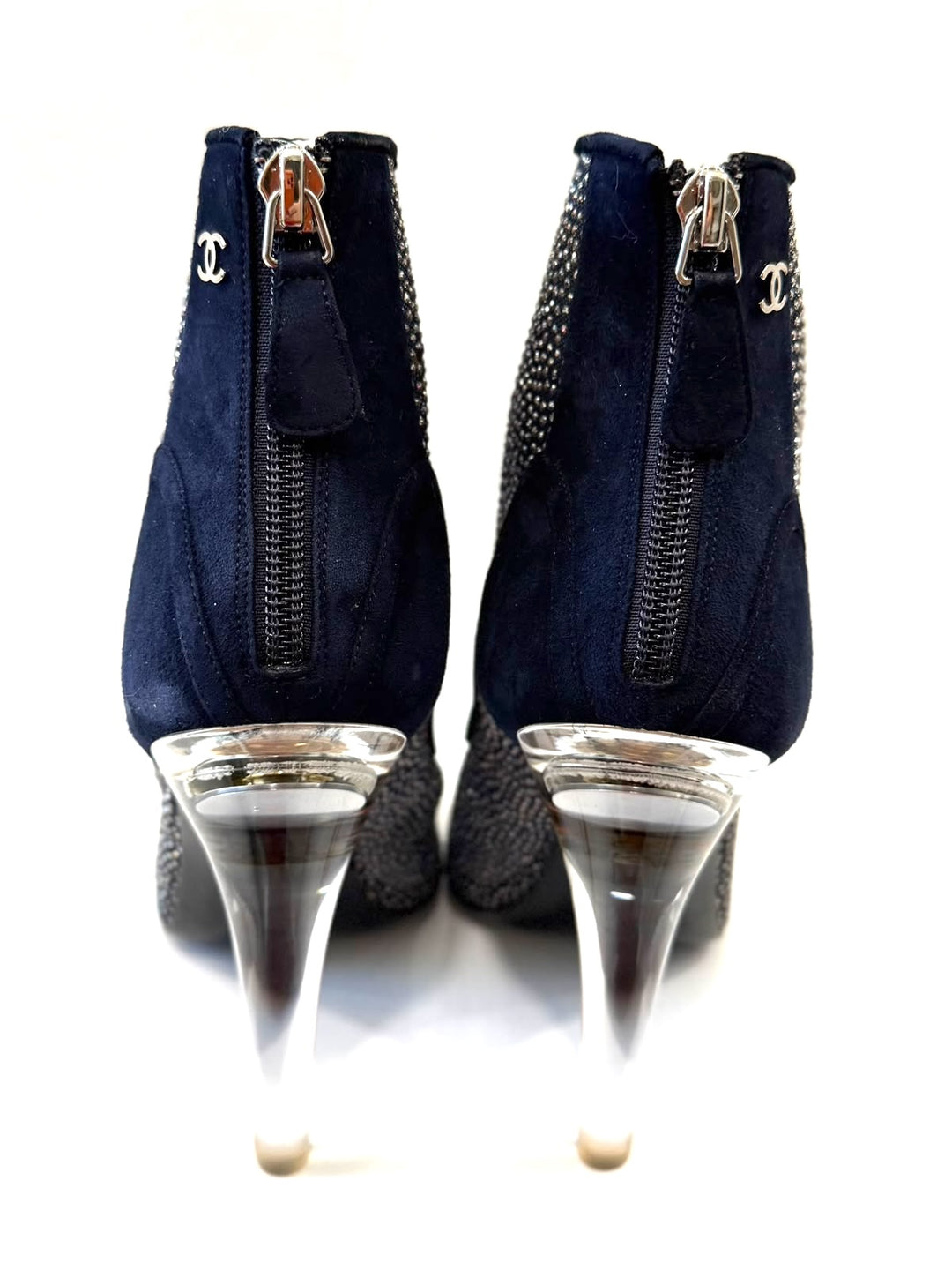 CHANEL MESH CRYSTAL SUEDE PEEP TOE LUCITE HEEL BOOTIES