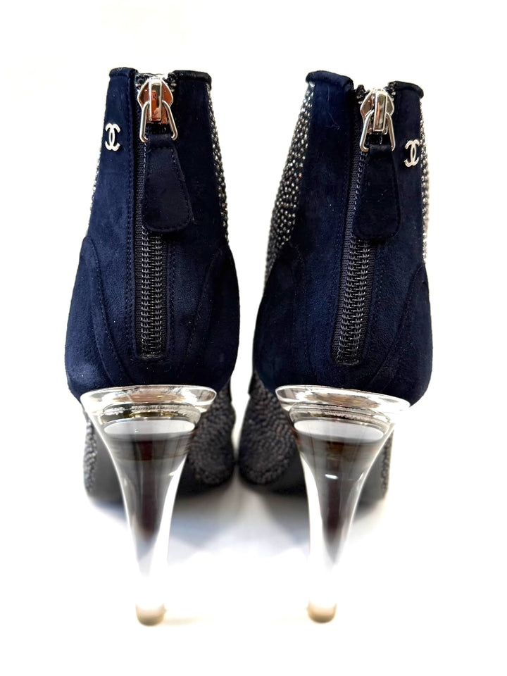 CHANEL MESH CRYSTAL SUEDE PEEP TOE LUCITE HEEL BOOTIES