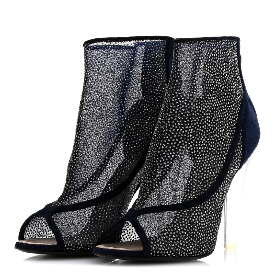 CHANEL MESH CRYSTAL SUEDE PEEP TOE LUCITE HEEL BOOTIES