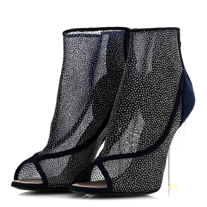 CHANEL MESH CRYSTAL SUEDE PEEP TOE LUCITE HEEL BOOTIES