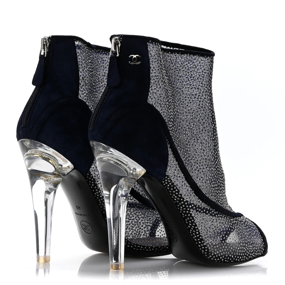CHANEL MESH CRYSTAL SUEDE PEEP TOE LUCITE HEEL BOOTIES
