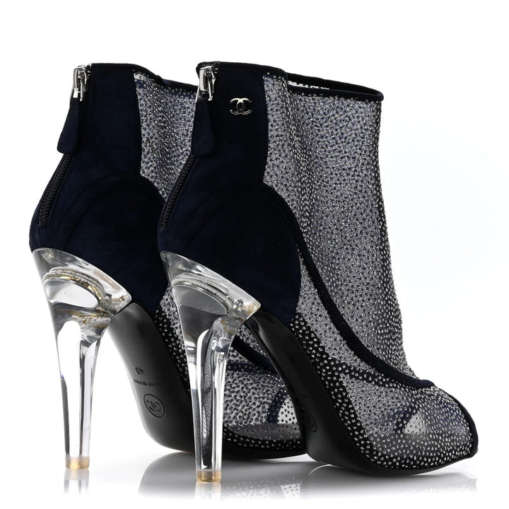 CHANEL MESH CRYSTAL SUEDE PEEP TOE LUCITE HEEL BOOTIES