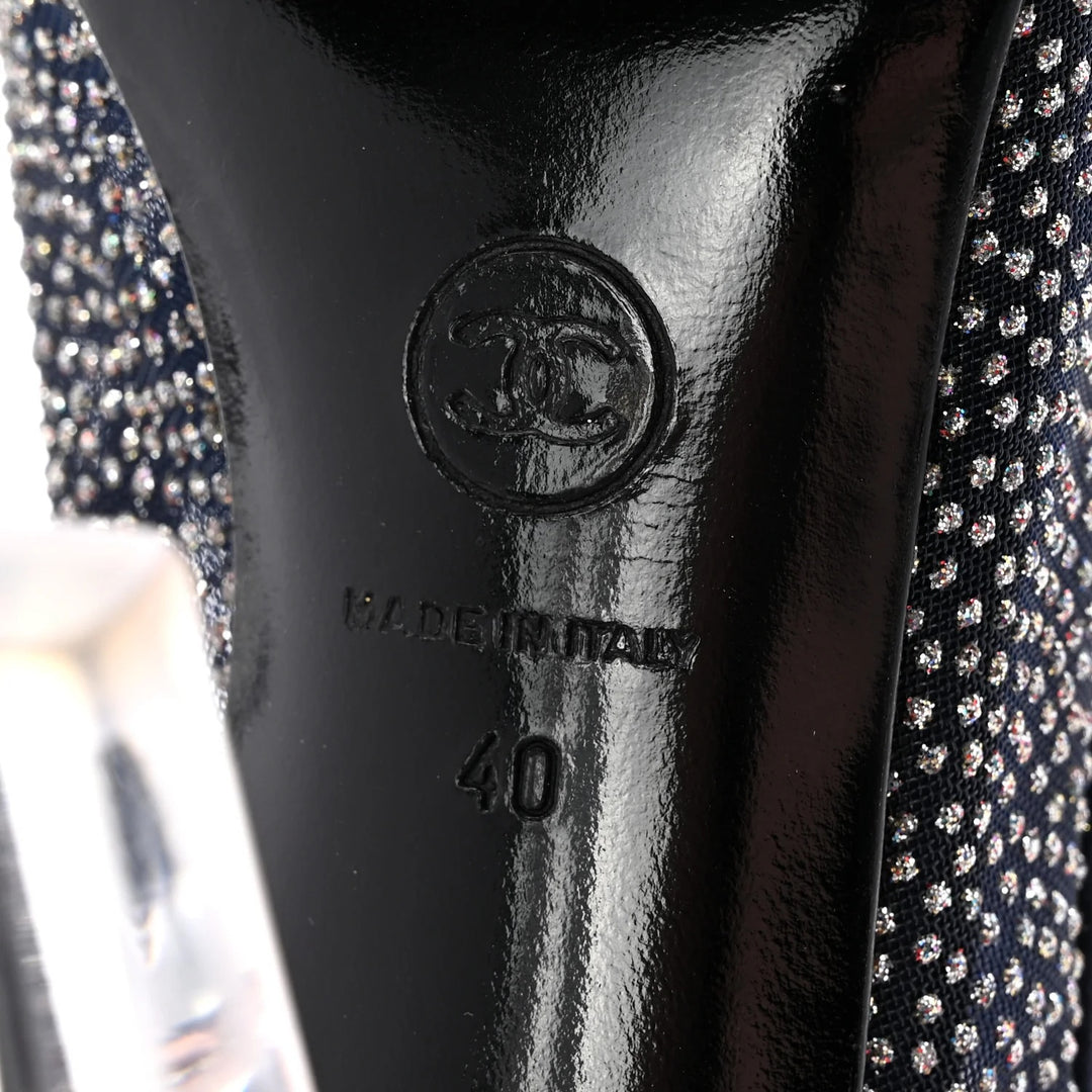CHANEL MESH CRYSTAL SUEDE PEEP TOE LUCITE HEEL BOOTIES