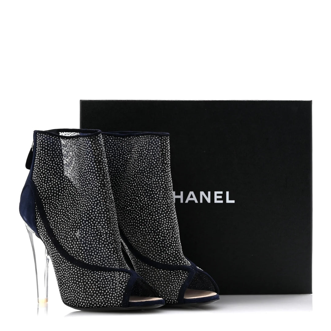CHANEL MESH CRYSTAL SUEDE PEEP TOE LUCITE HEEL BOOTIES