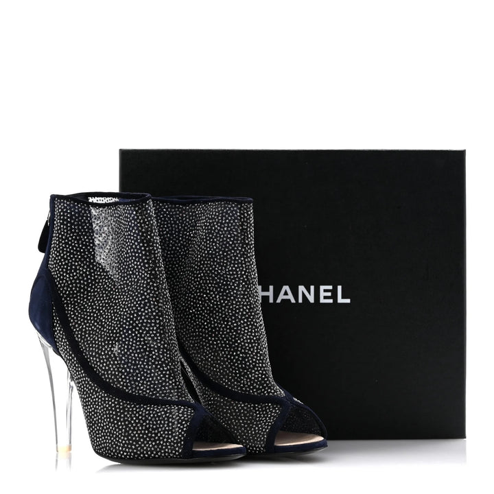 CHANEL MESH CRYSTAL SUEDE PEEP TOE LUCITE HEEL BOOTIES