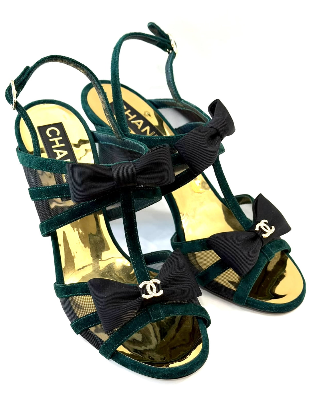 CHANEL CC LOGO T-STRAP SUEDE SLINGBACK SANDALS
