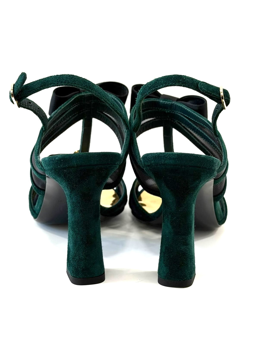 CHANEL CC LOGO T-STRAP SUEDE SLINGBACK SANDALS
