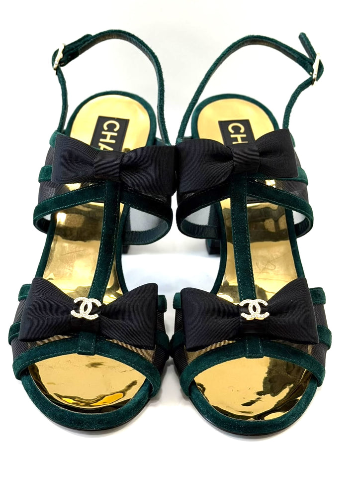 CHANEL CC LOGO T-STRAP SUEDE SLINGBACK SANDALS