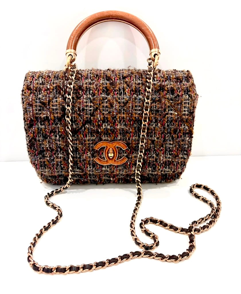 CHANEL CC TWEED KNOCK ON WOOD TOP-HANDLE FLAP BAG