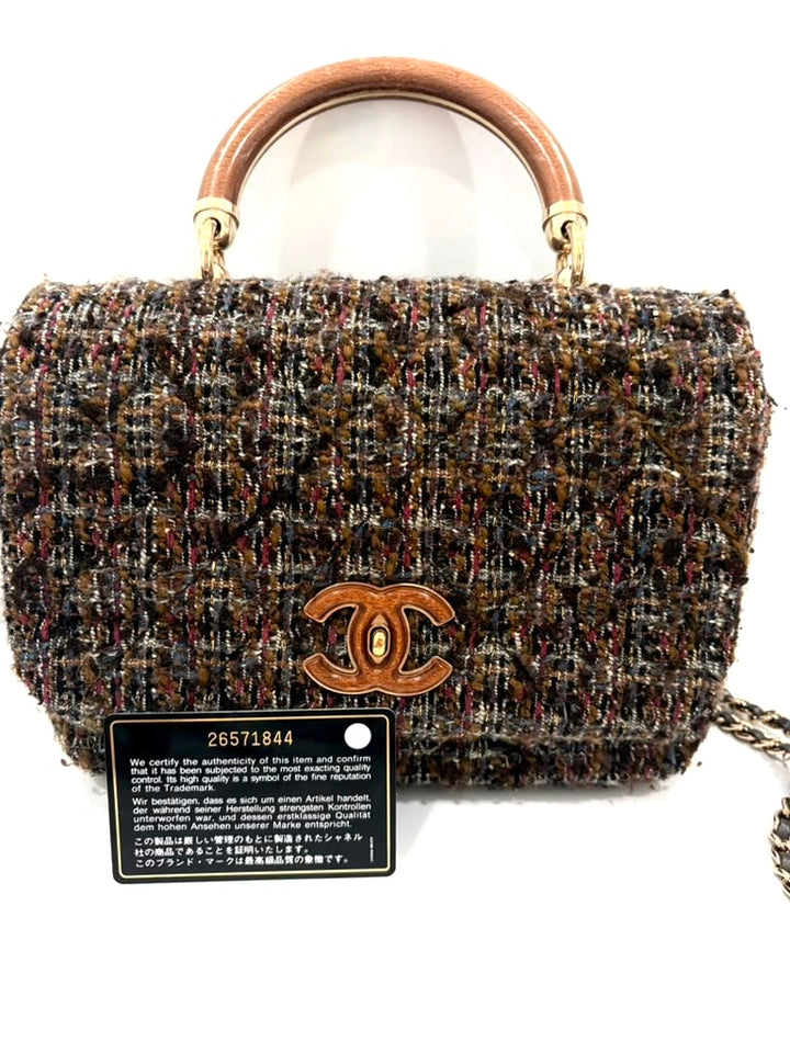 CHANEL CC TWEED KNOCK ON WOOD TOP-HANDLE FLAP BAG