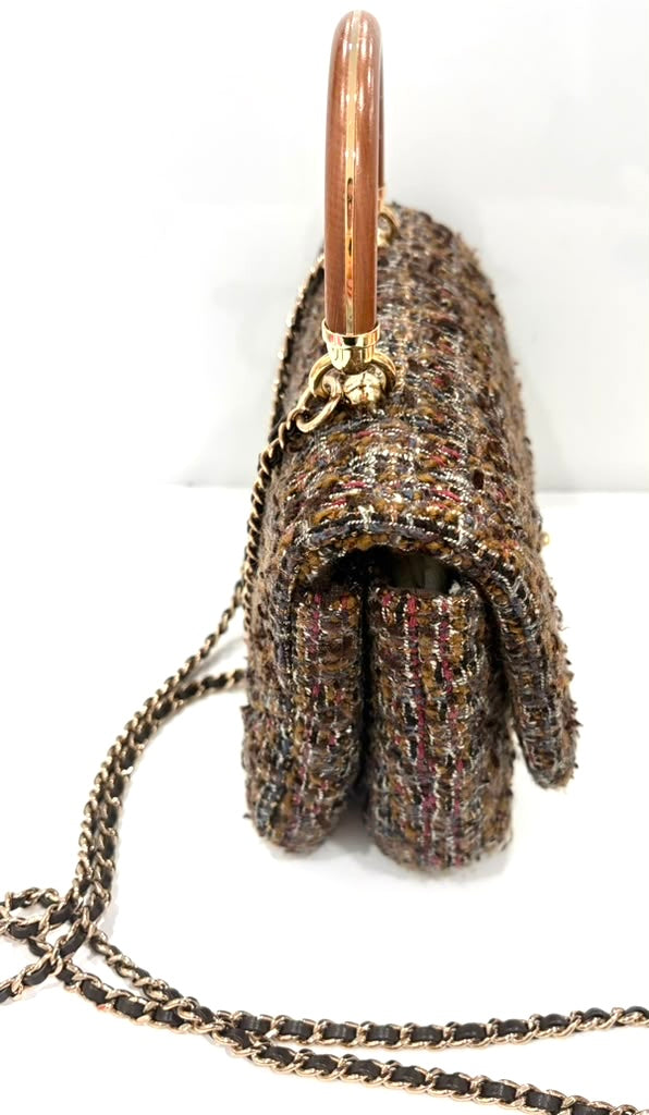 CHANEL CC TWEED KNOCK ON WOOD TOP-HANDLE FLAP BAG