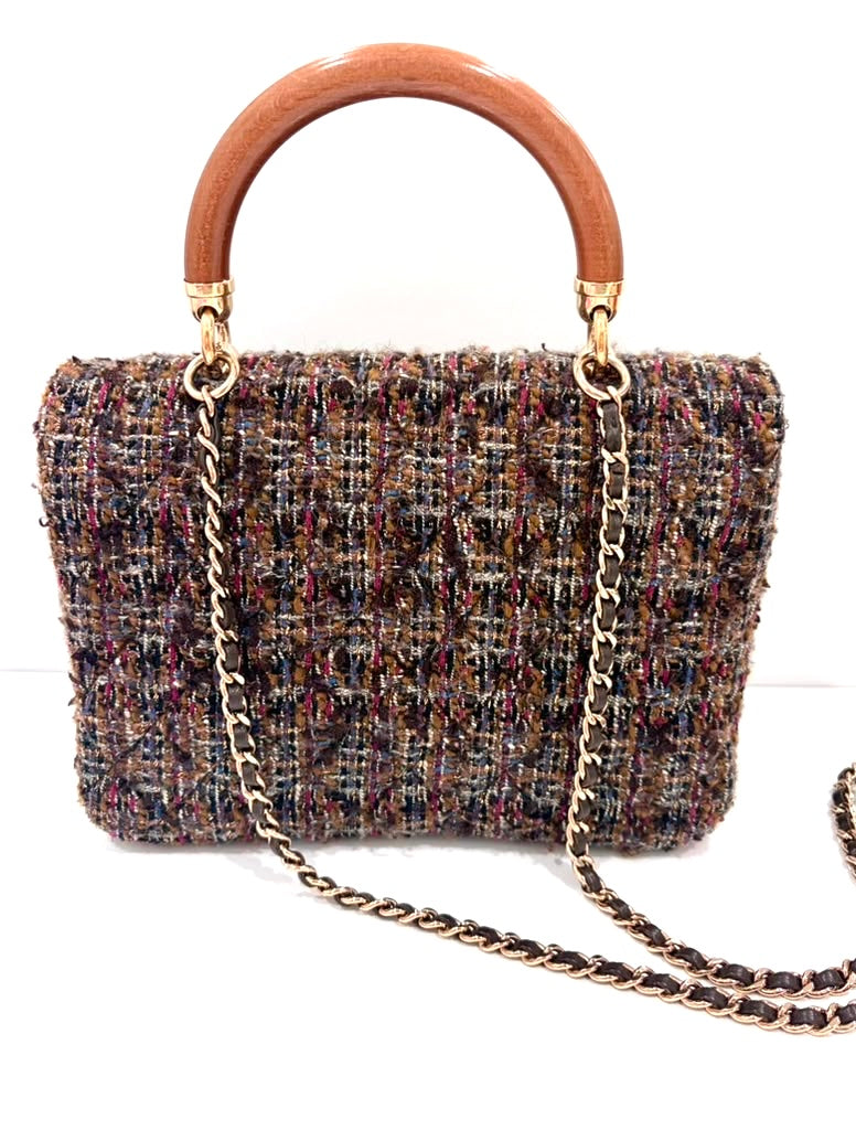 CHANEL CC TWEED KNOCK ON WOOD TOP-HANDLE FLAP BAG