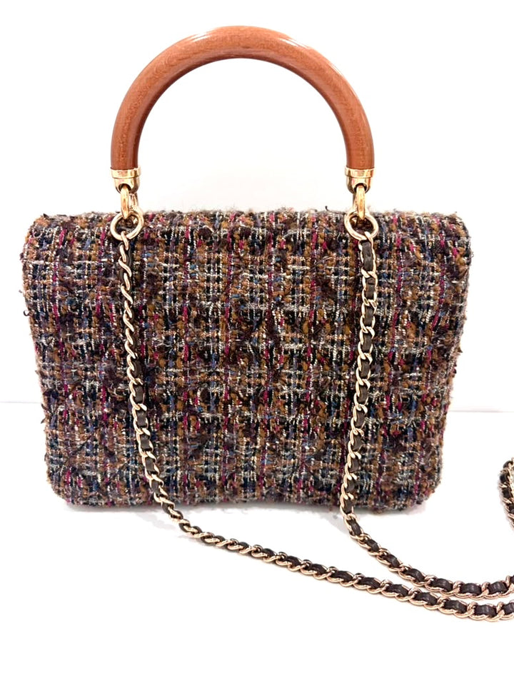 CHANEL CC TWEED KNOCK ON WOOD TOP-HANDLE FLAP BAG