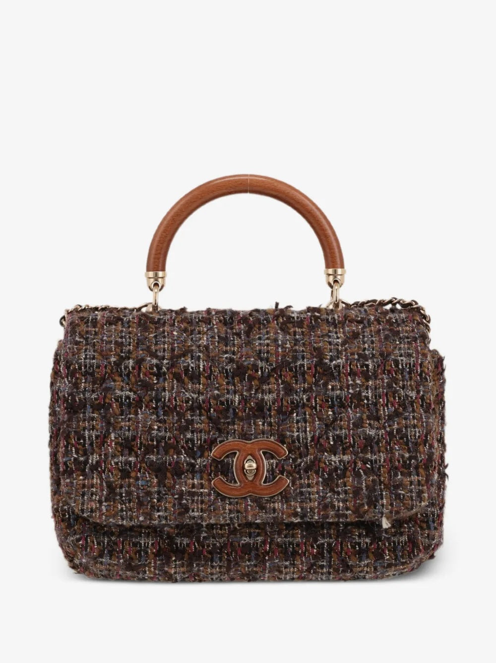 CHANEL CC TWEED KNOCK ON WOOD TOP-HANDLE FLAP BAG