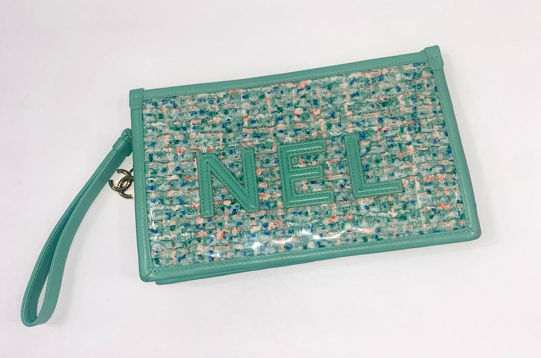 CHANEL TWEED LAMBSKIN  PVC POUCH CLUTCH BAG