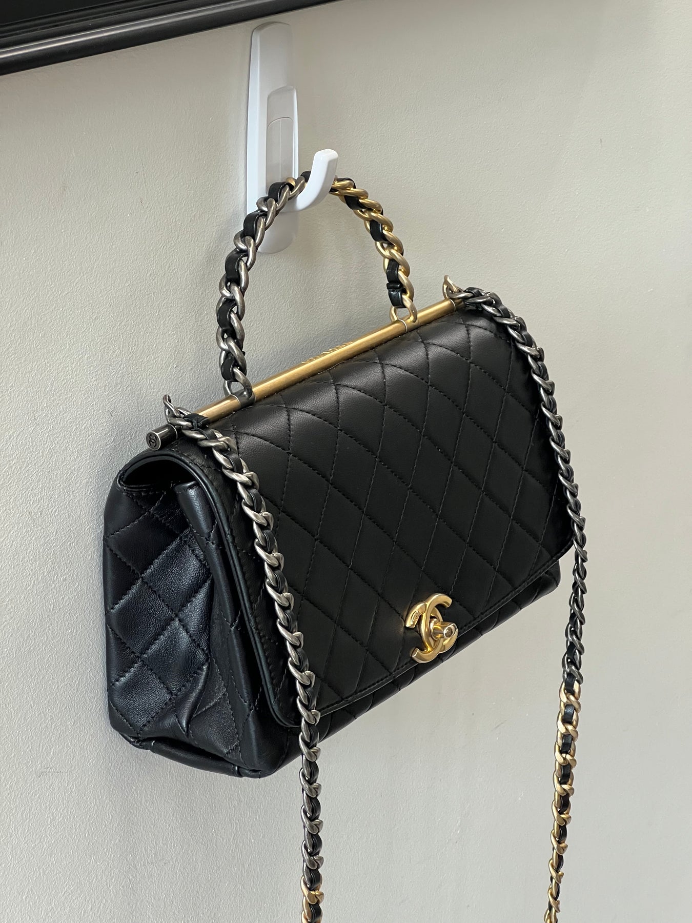 Chanel Two Tone Chain Handle Flap Bag Quilted Lambskin Small at 1stDibs