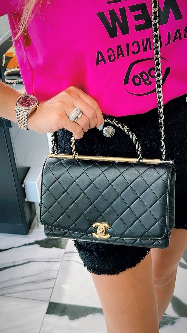 CHANEL TWO-TONE CHAIN QUILTED LAMBSKIN TOP HANDLE FLAP BAG