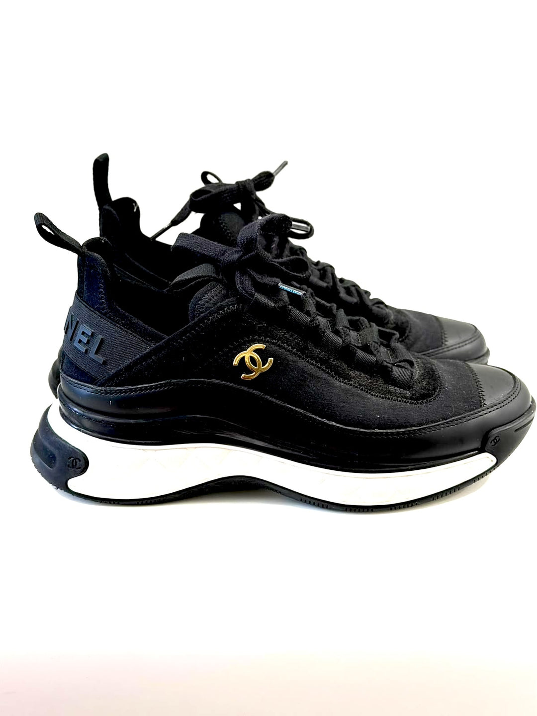 CHANEL VELVET MIXED FIBER &amp; CALFSKIN LEATHER CC SNEAKERS