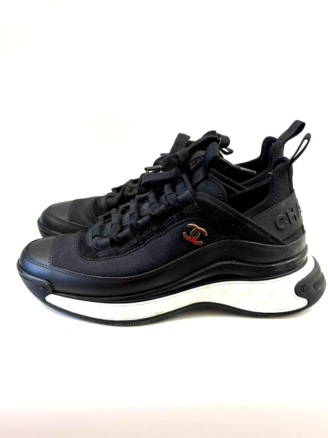 CHANEL VELVET MIXED FIBER &amp; CALFSKIN LEATHER CC SNEAKERS