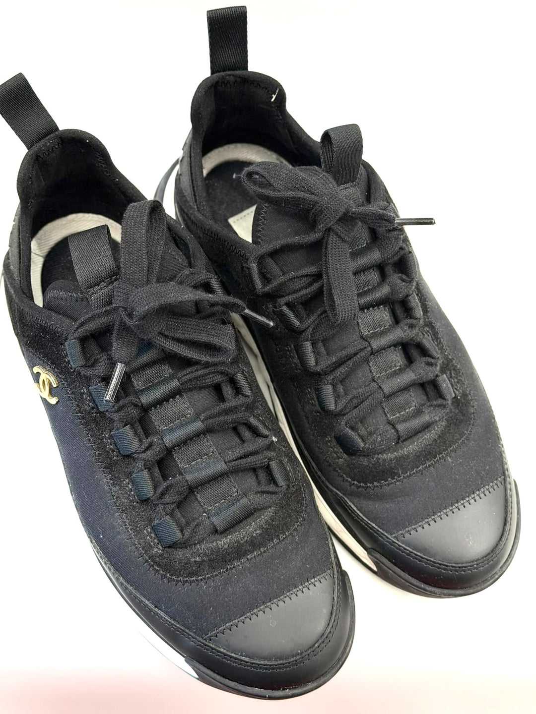 CHANEL VELVET MIXED FIBER &amp; CALFSKIN LEATHER CC SNEAKERS