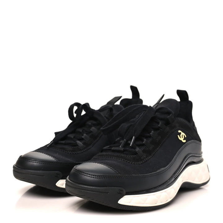 CHANEL VELVET MIXED FIBER &amp; CALFSKIN LEATHER CC SNEAKERS
