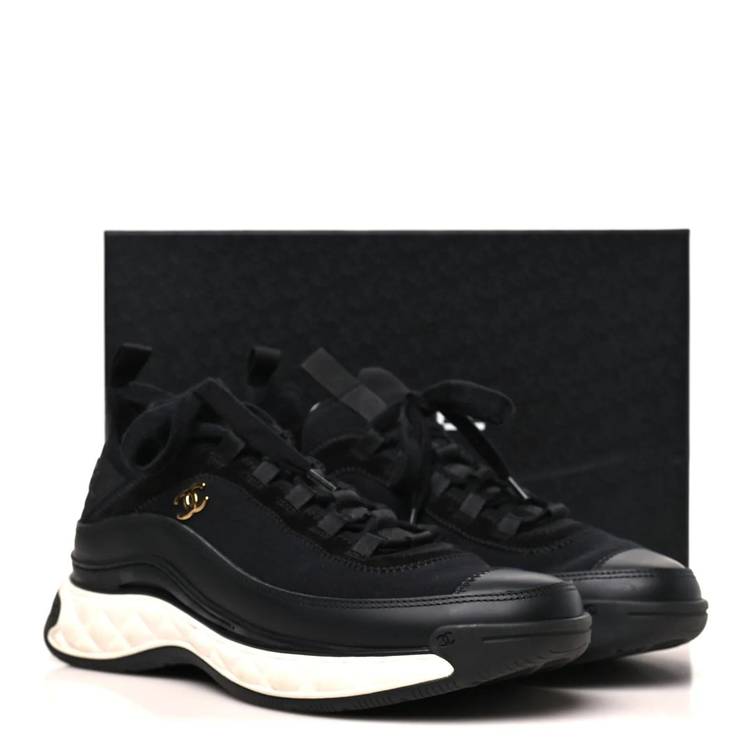 CHANEL VELVET MIXED FIBER &amp; CALFSKIN LEATHER CC SNEAKERS