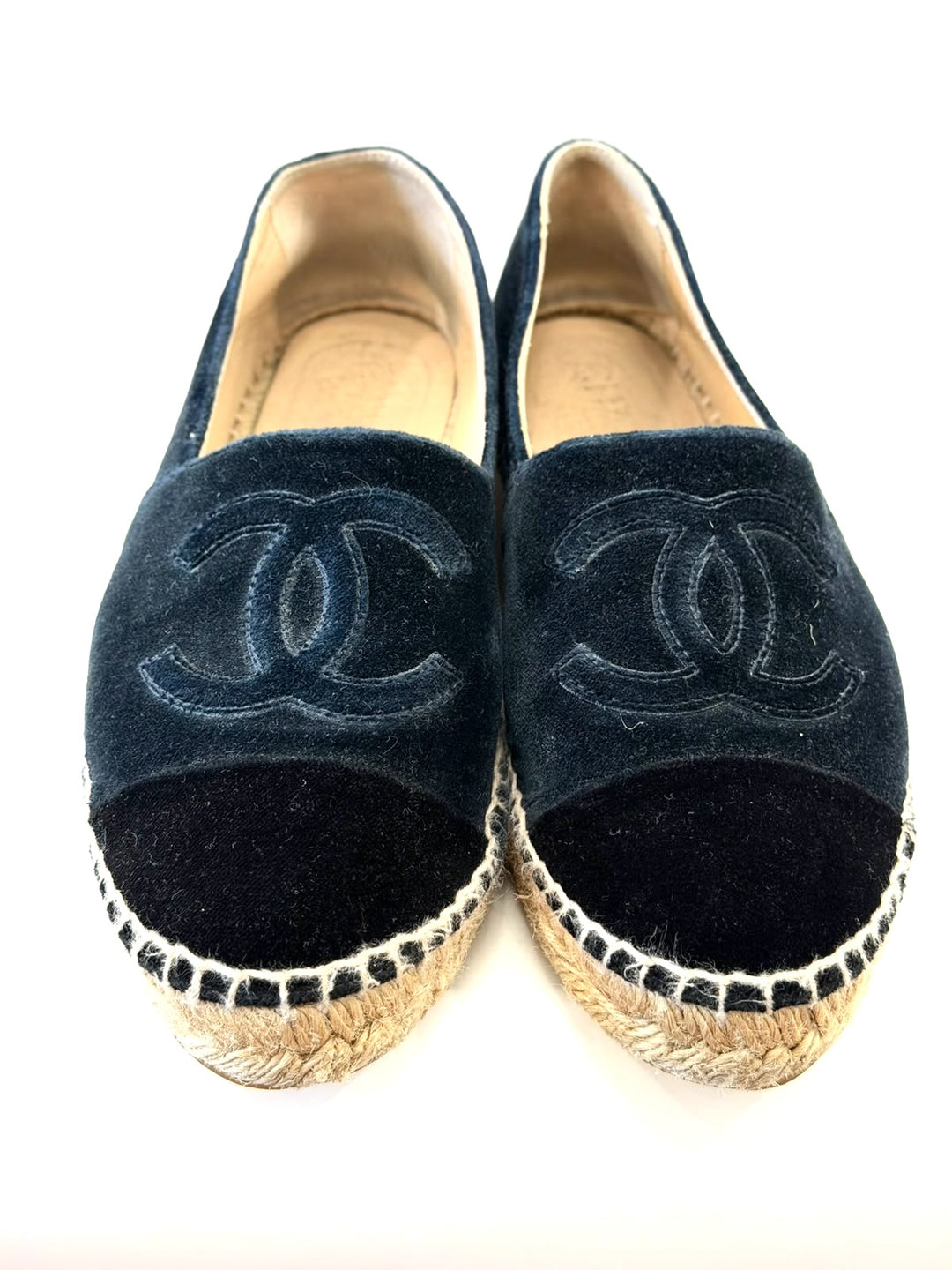 CHANEL VELVET GROSGRAIN CAP-TOE CC ESPADRILLES
