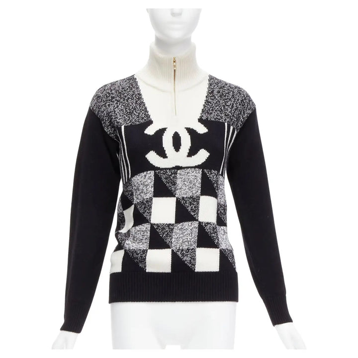 CHANEL CC COLORBLOCK QUARTER ZIP CASHMERE SWEATER