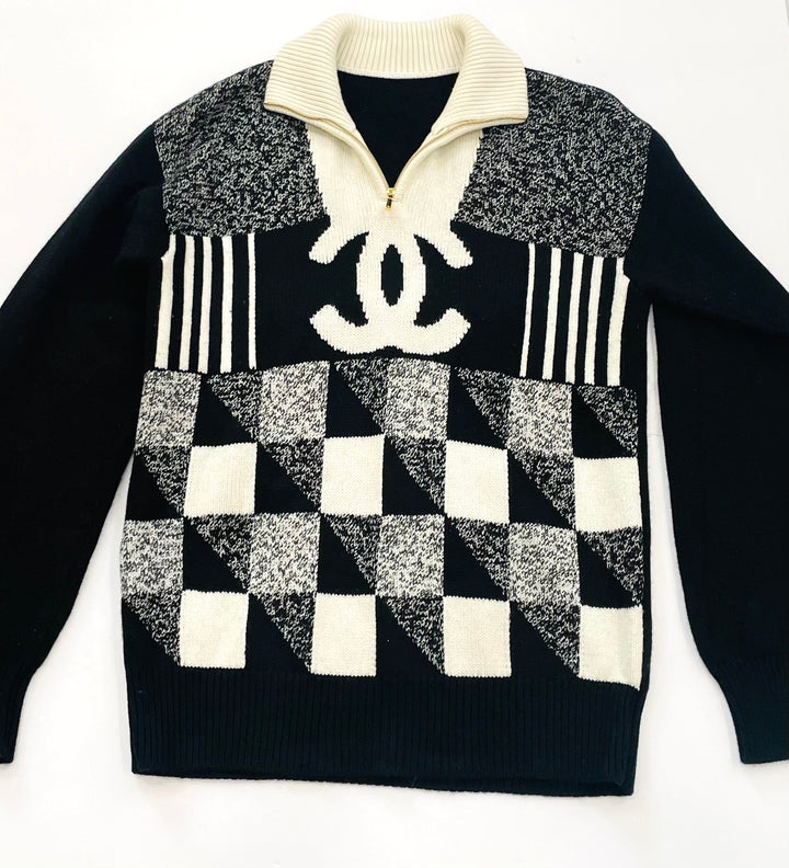 CHANEL CC COLORBLOCK QUARTER ZIP CASHMERE SWEATER