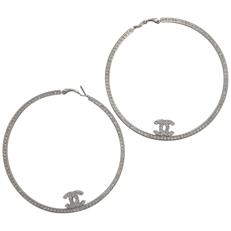 CHANEL CRYSTAL BOUCLES OREILLE XL HOOP EARRINGS