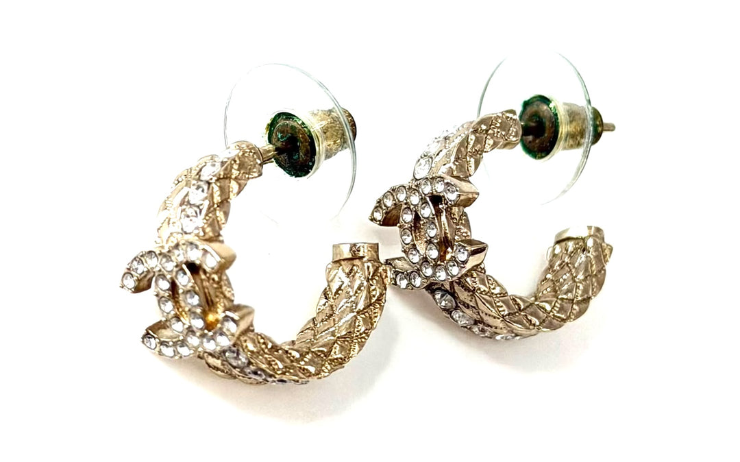 CHANEL STRASS GOLD PLATED METAL CRYSTAL QUILTED CC HOOP EARRINGS