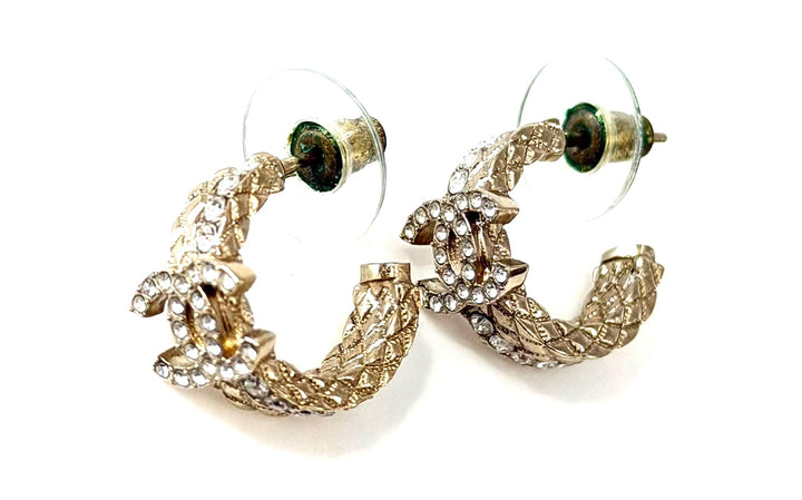 CHANEL STRASS GOLD PLATED METAL CRYSTAL QUILTED CC HOOP EARRINGS