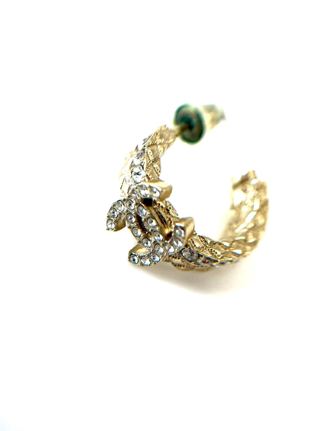 CHANEL STRASS GOLD PLATED METAL CRYSTAL QUILTED CC HOOP EARRINGS