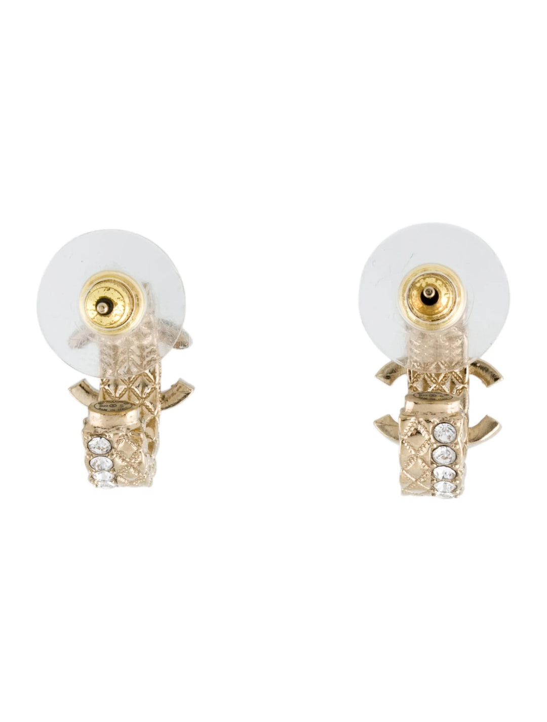 CHANEL STRASS GOLD PLATED METAL CRYSTAL QUILTED CC HOOP EARRINGS