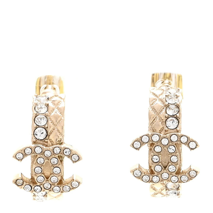CHANEL STRASS GOLD PLATED METAL CRYSTAL QUILTED CC HOOP EARRINGS