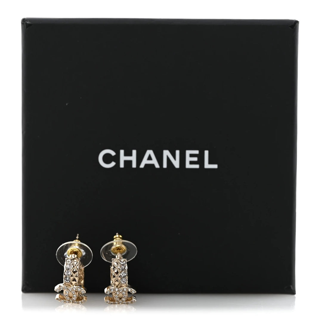 CHANEL STRASS GOLD PLATED METAL CRYSTAL QUILTED CC HOOP EARRINGS
