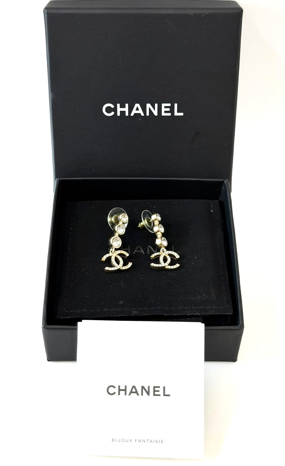 CHANEL CRYSTAL CC GOLD DROP EARRINGS