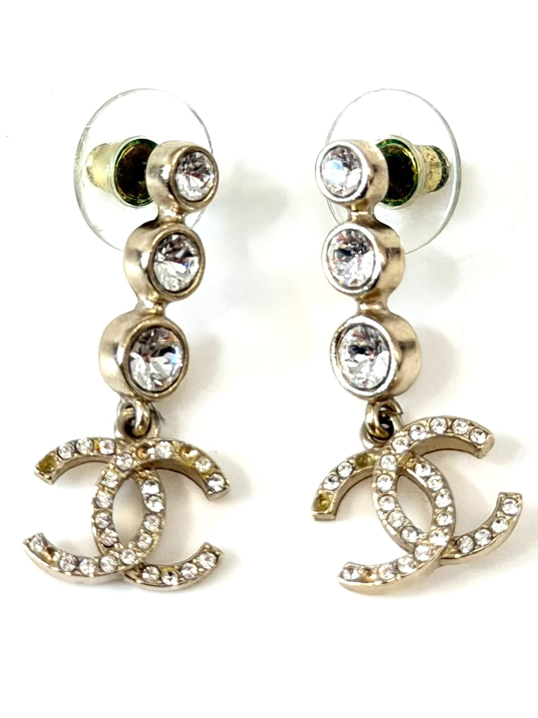 CHANEL CRYSTAL CC GOLD DROP EARRINGS