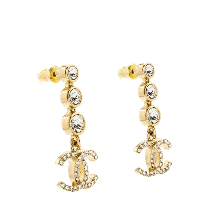 CHANEL CRYSTAL CC GOLD DROP EARRINGS
