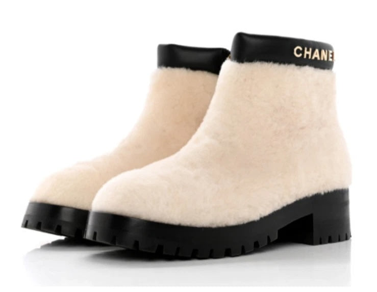 CHANEL SHEARLING LAMBSKIN CC LOGO ANKLE WINTER BOOTS