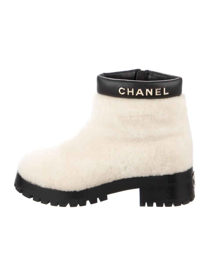 CHANEL SHEARLING LAMBSKIN CC LOGO ANKLE WINTER BOOTS