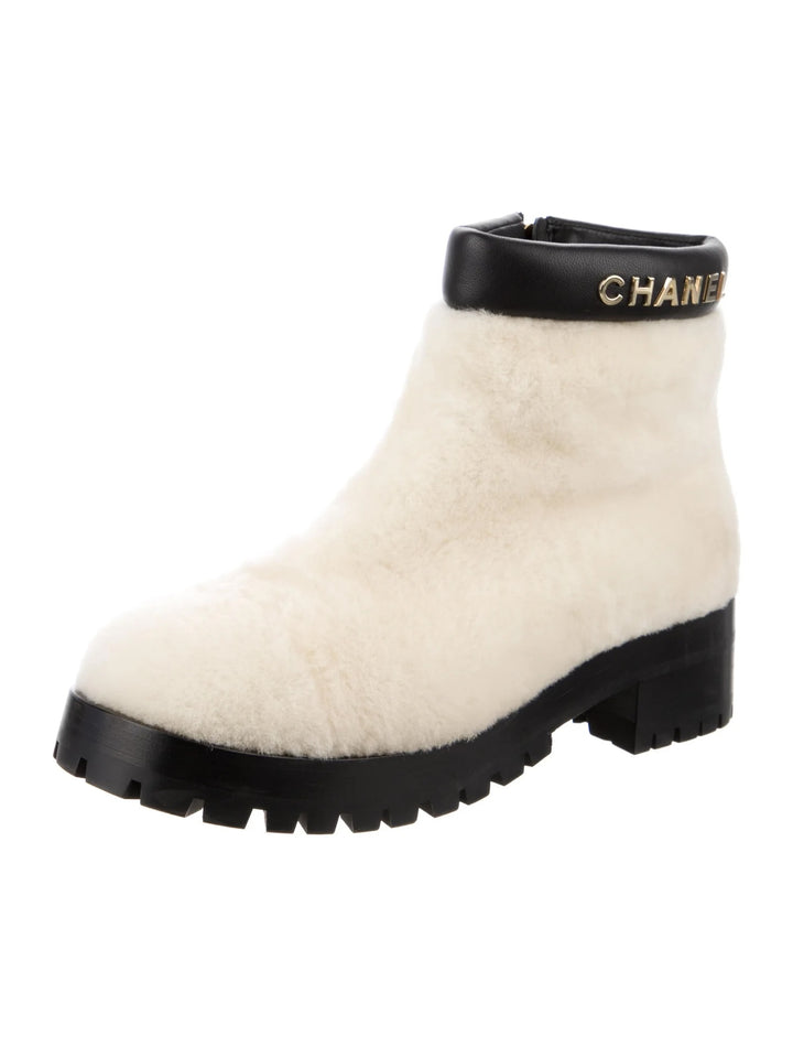 CHANEL SHEARLING LAMBSKIN CC LOGO ANKLE WINTER BOOTS