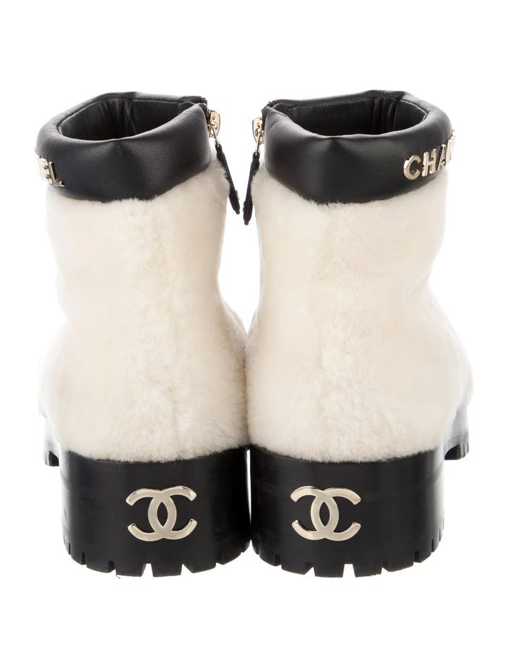 CHANEL SHEARLING LAMBSKIN CC LOGO ANKLE WINTER BOOTS