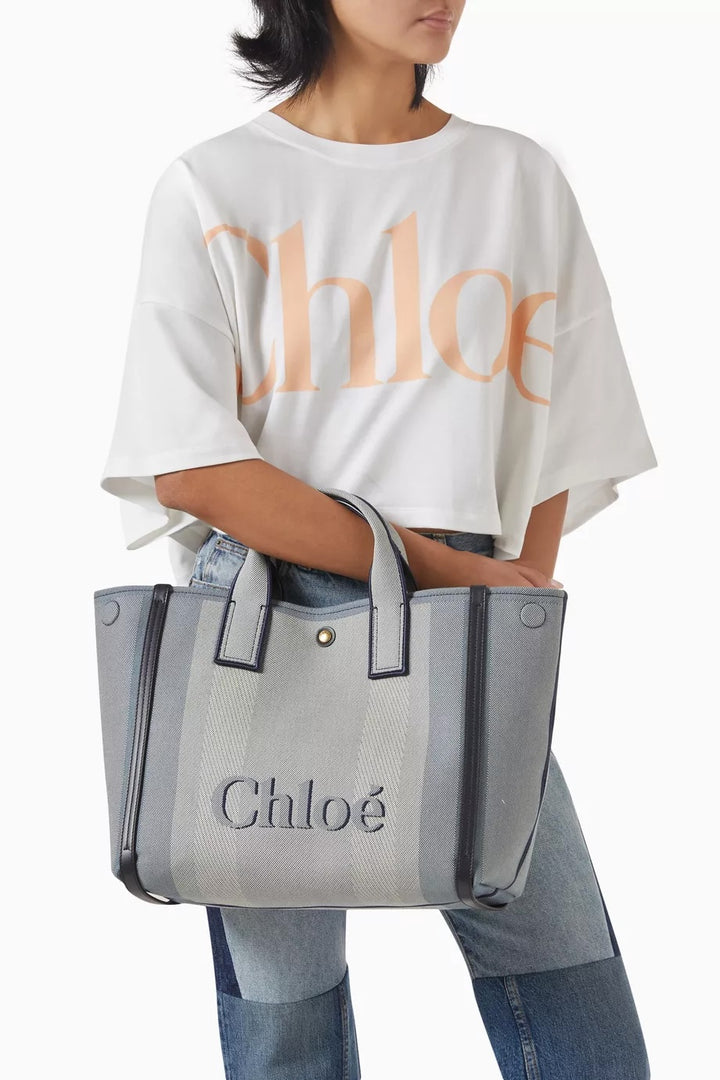 CHLOÉ LOGO EMBROIDERED CARRY CANVAS TOTE BAG